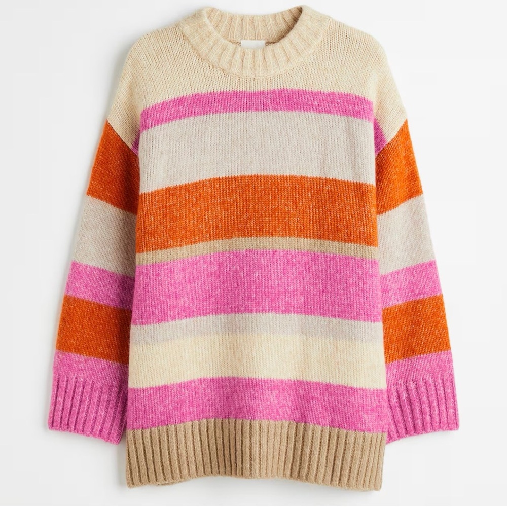H&M Alpaca Blend Tunic Sweater Top Shirt Blouse Stripe Beige Pink S
